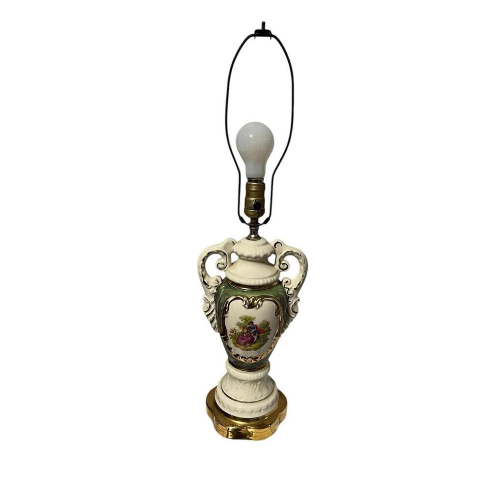 VTG Porcelain Handpainted Victorian Couple Gold Leaf Urn Table Lamp